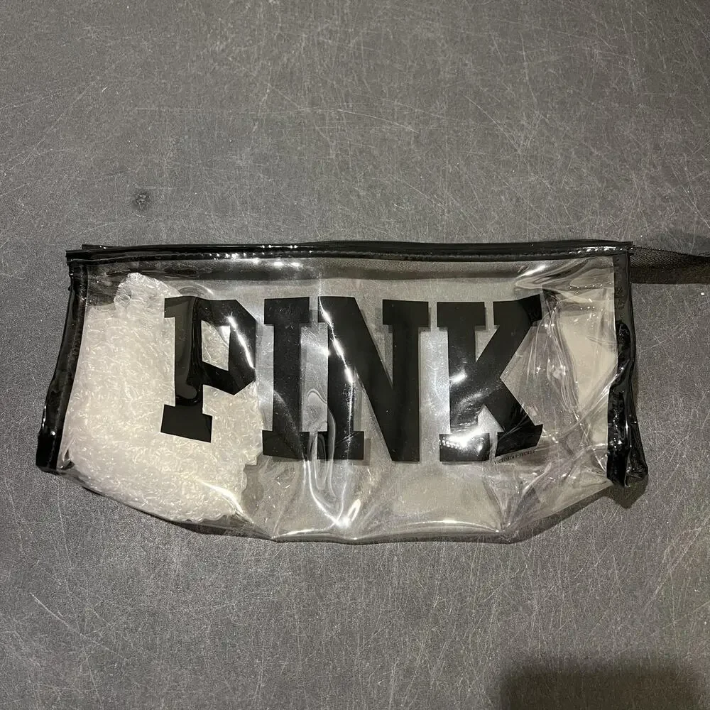 VS PINK Clear PVC Cosmetic Clutch Bag Womens Black Logo Zip